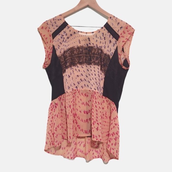 Anthropologie Maeve Evangeline Pink Peplum Sheer Lace Top Size XS - Picture 2 of 6
